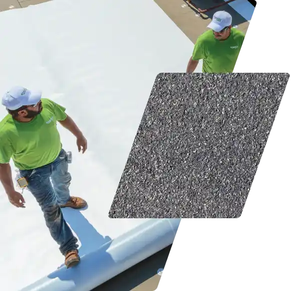 Two workers in green shirts and white hats stand on a white roofing membrane, with a diagonal close-up inset of black gravelly roofing material overlaid in the image. | GenFlex