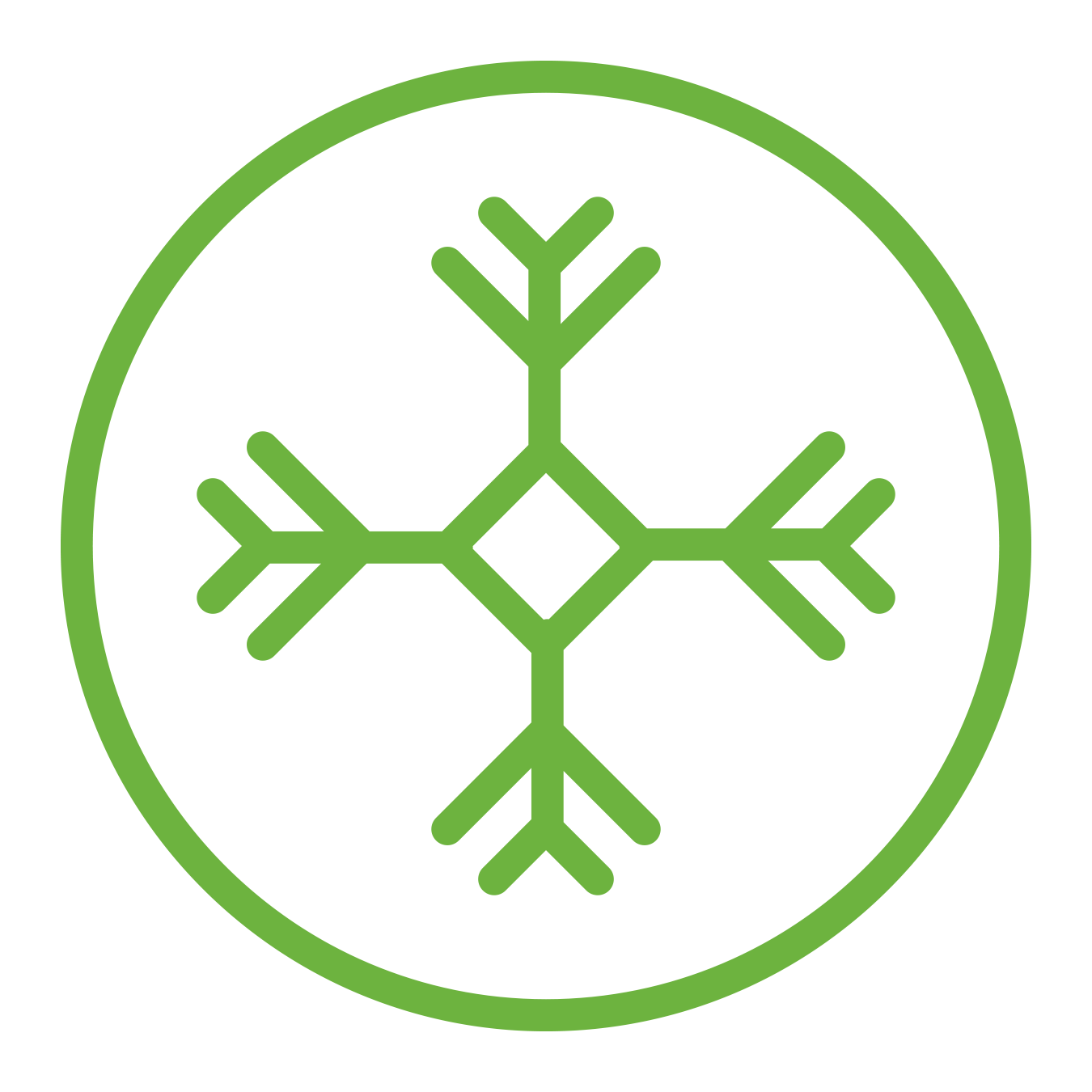 A simple green snowflake icon inside a green circle on a white background. | GenFlex