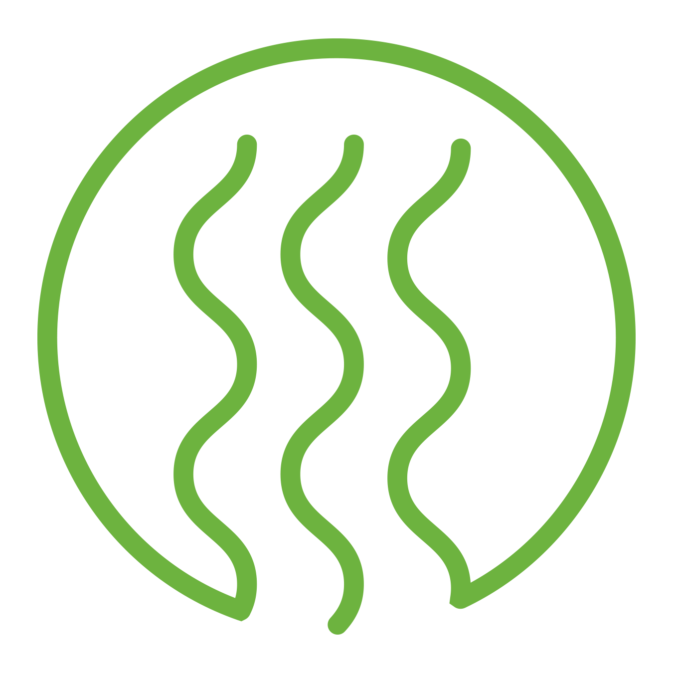 A green outline of a circle with three wavy vertical lines in the center, resembling steam or heat, on a white background. | GenFlex