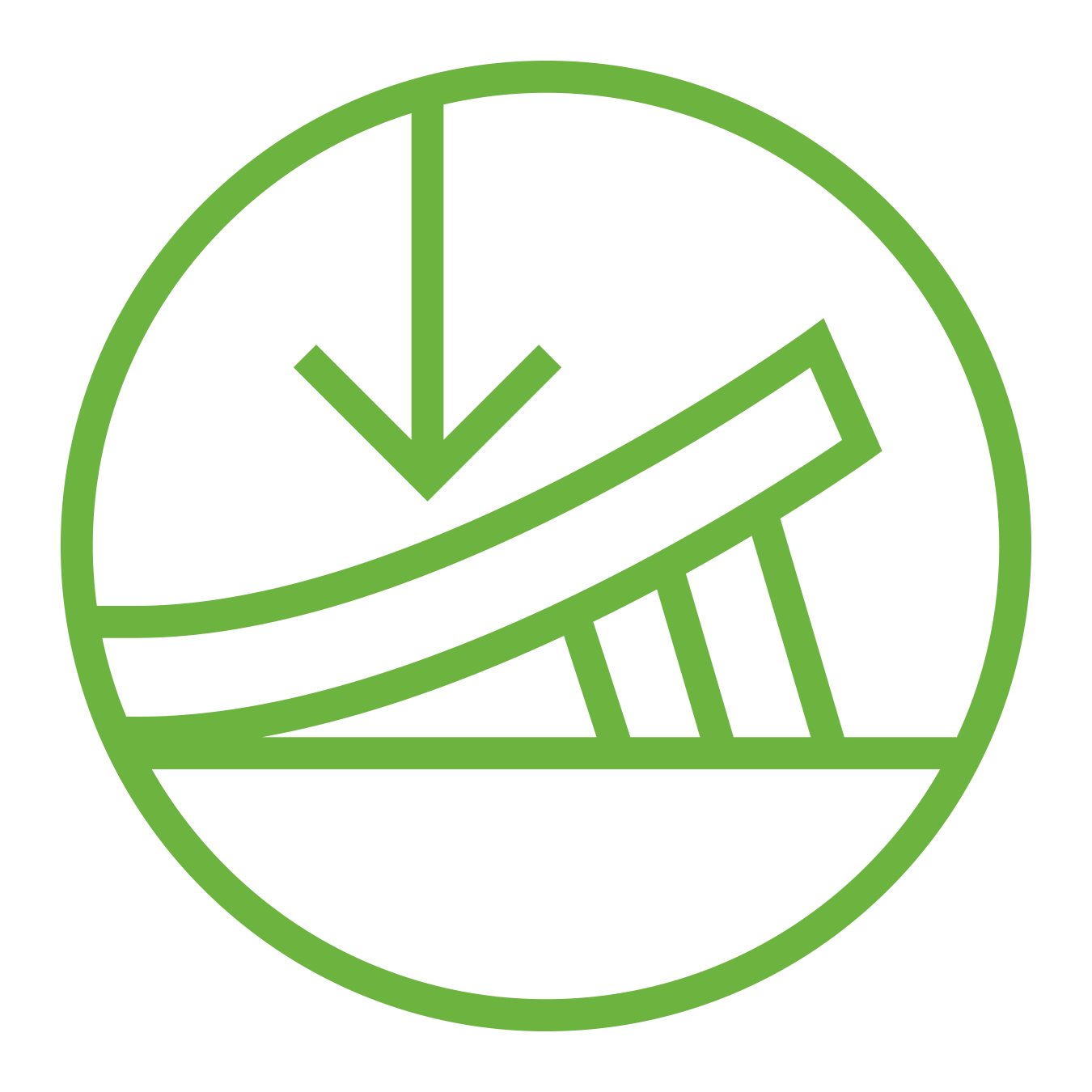 A green outline icon of a downward arrow hitting an inclined surface with support beams, suggesting strength or load-bearing capacity. | GenFlex