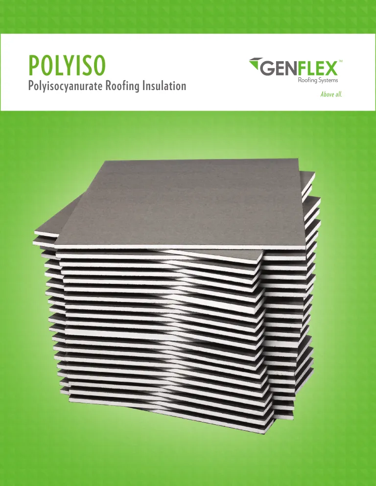 A stack of rectangular Roof Insulation polyisocyanurate boards is shown on a green background, with POLYISO Polyisocyanurate Roofing Insulation and the GenFlex Roofing Systems logo at the top. | GenFlex