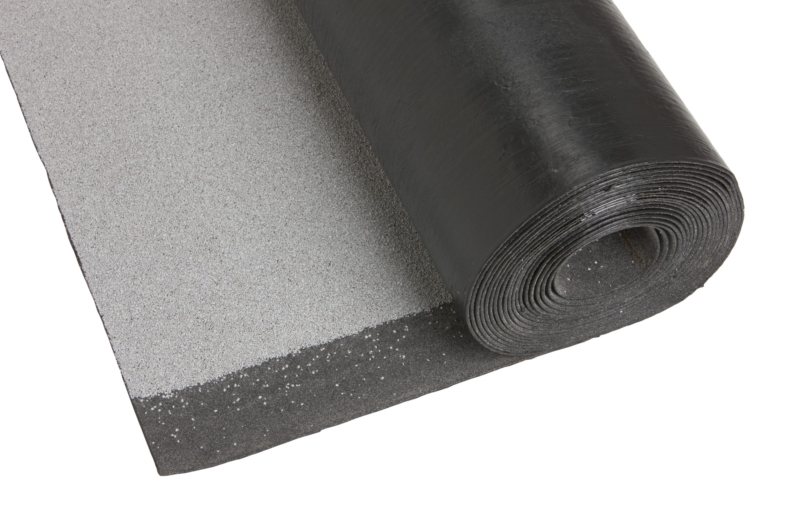A close-up of a rolled sheet of roofing material with a black underside and a textured, light gray top surface. The roll is partially unrolled, revealing both surfaces. | GenFlex