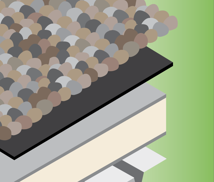 An illustration of a layered surface with multicolored rounded shapes on top, a dark rectangular layer beneath them, and two thicker, lighter layers underneath, set against a green background. | GenFlex