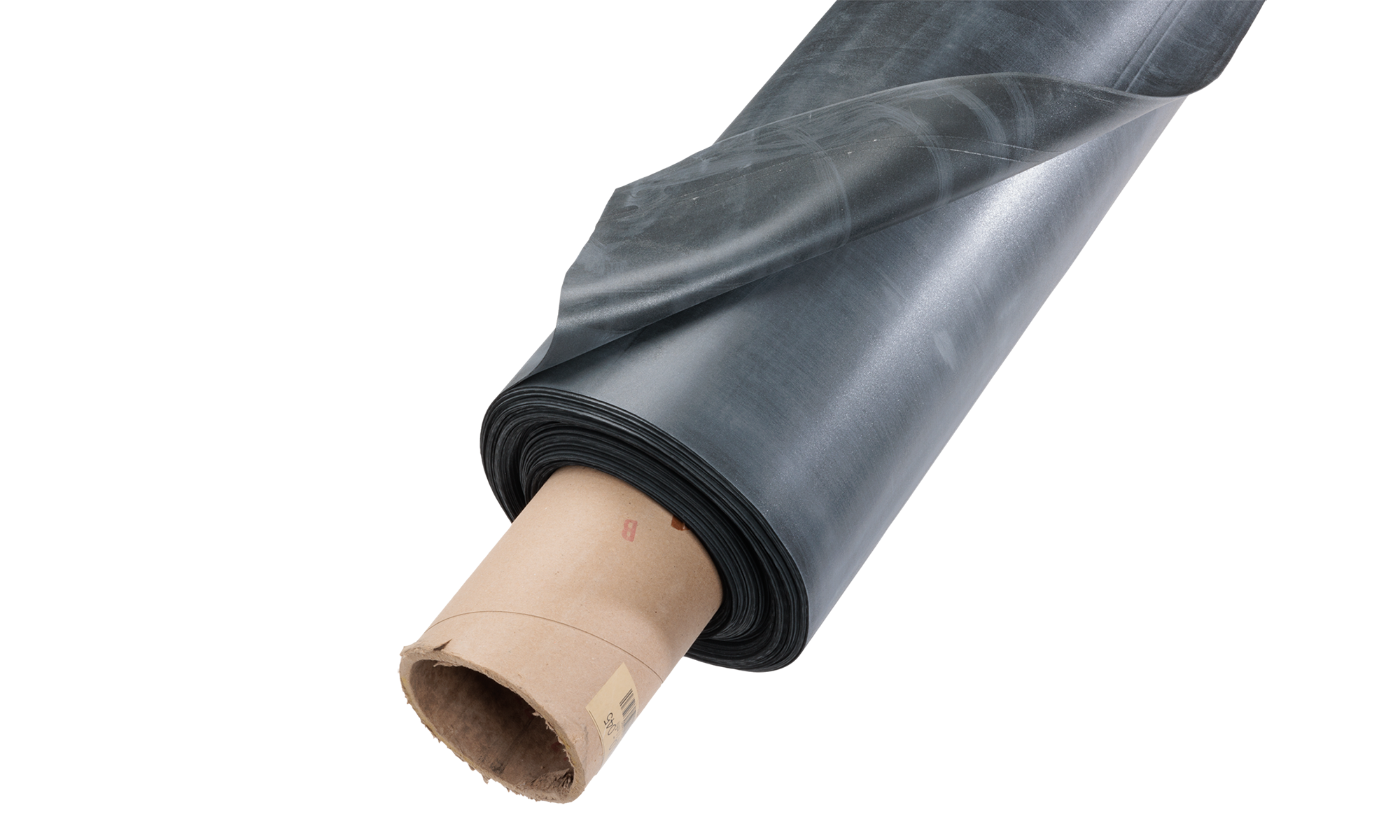 A roll of black plastic sheeting partially unrolled, with the material wrapped around a brown cardboard tube, shown on a plain white background. | GenFlex