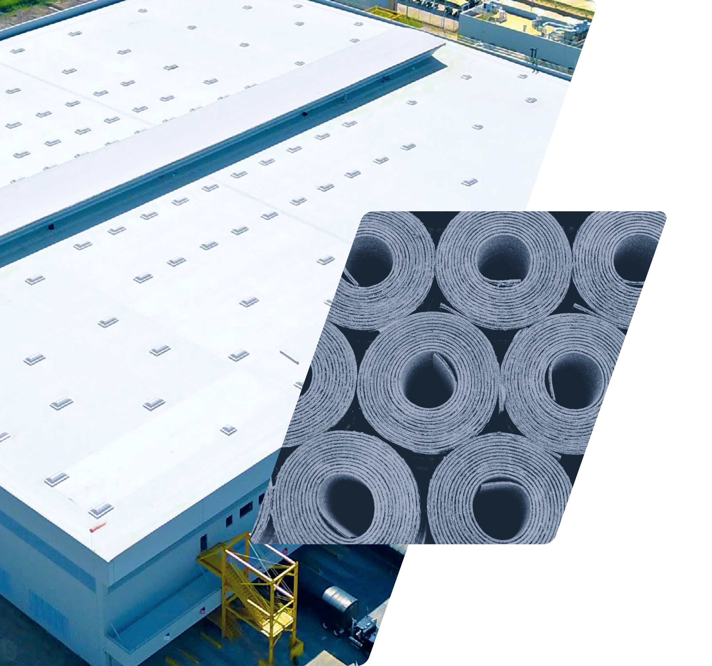 Aerial view of a large industrial building with a white roof, overlaid with an image of multiple rolls of roofing material arranged in a grid pattern. | GenFlex