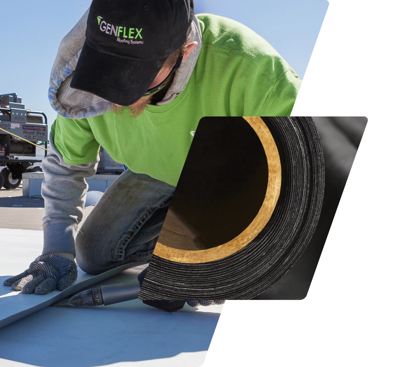 A worker wearing a green GenFlex Roofing Systems shirt installs roofing material on a flat roof. An overlay image shows a close-up of a rolled sheet of roofing membrane. | GenFlex