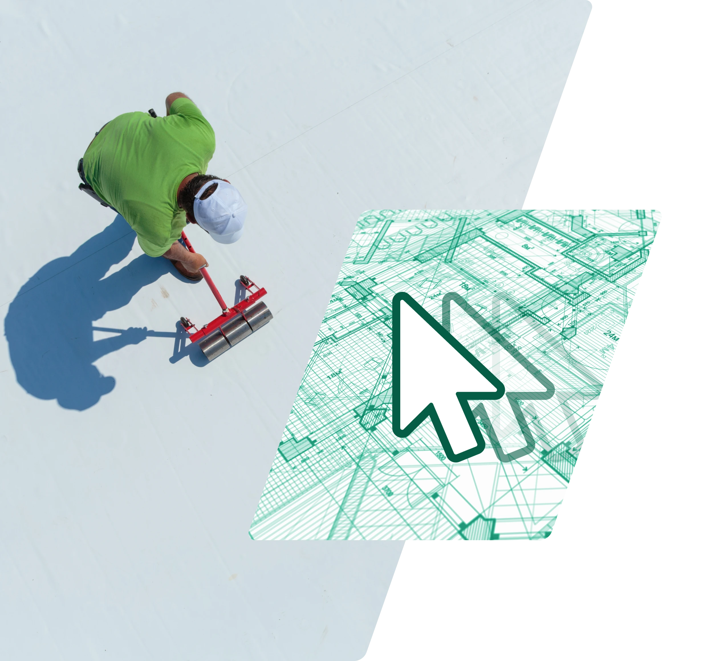 A person in a green shirt and white cap uses a tool on a large white surface. A translucent graphic with a cursor and technical drawings is overlaid on the right side of the image. | GenFlex
